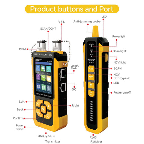 All In One Network Cable Tester With Optical Power Meter And VFL For Tech Pros, Nine Core Functions Like Cable Continuity, Length Measurement, POE Power Testing, Cable Scanning, Port Flashing, NVC Functionality And More. yellow handheld tester with transmitter and receiver buttons