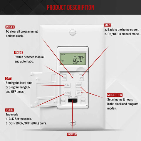 No-Fuss Programmable Digital Timer Switch For Lights, Fans, And Motors, 7 Day Scheduling With 18 On Off Settings, Single Pole, White