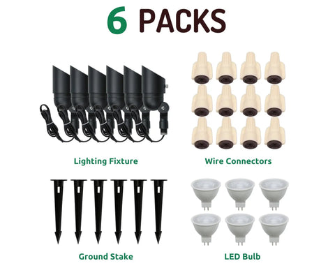 Low Voltage 12V 4W Landscape Lights 6 Pack with wire connectors, ground stakes, and replaceable LED bulbs.
