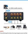 RCA Switcher 4 In 1 Out For Home Audio Setup, HiFi Input Selector And Signal Splitter Box shown with gold plated RCA connectors.