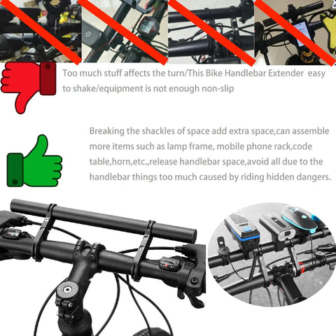 Image showing a bike handlebar with a dual clamp mount, highlighting space-saving benefits of the Bike Handlebar Extender.