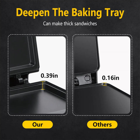 Aigostar Flat Sandwich Maker With Nonstick Deep Grill Surface, Black showing deep baking tray features for thick sandwiches.