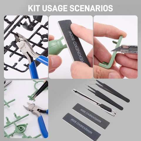 6 Piece Model Tools Kit With 4.3 Inch Precision Nipper And Craft Knife, showing trimming, sanding, assembly use on models