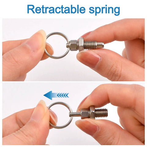 Six Piece Slick Spring Plunger Set With Smooth Pull Ring And No Sweat Quick Release Pin Using Drop Cam Design Built From Pro Grade Corrosion Proof Stainless Steel demonstrating retraction mechanism.