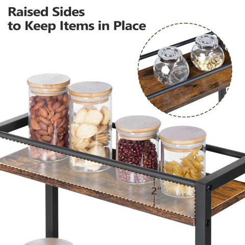Slim Rolling Cart On Wheels For Small Spaces Mobile Kitchen Cart With Narrow Design Rustic Brown Finish Guard Rails Secure Storage