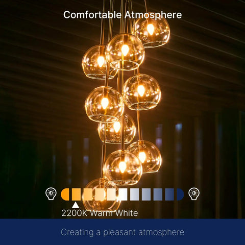 LED Candelabra Bulbs 40W Equivalent B11 E12 Small Base Chandelier Bulbs, 2200K warm amber glass, glowing in a fixture