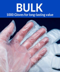 Close-up of hand wearing 1000 Count Medium Disposable Gloves Bulk Pack Latex Free Powder Free Hybrid Plastic Gloves