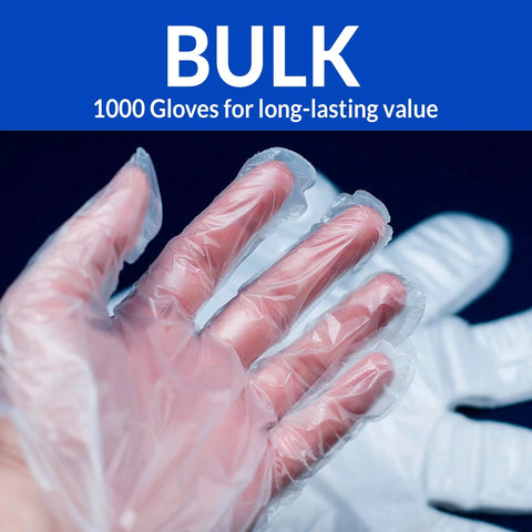 Close-up of hand wearing 1000 Count Medium Disposable Gloves Bulk Pack Latex Free Powder Free Hybrid Plastic Gloves