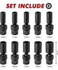 Three Eighths Inch Drive Deep And Standard Universal Impact Socket Set, 6 Point, CR-MO Steel, Metric 10 To 19mm, Black Phosphate Finish, Flex Socket Head For 360 Degree Angles, Durable Heavy Duty Tool Pack, 10 Pieces showing full set view