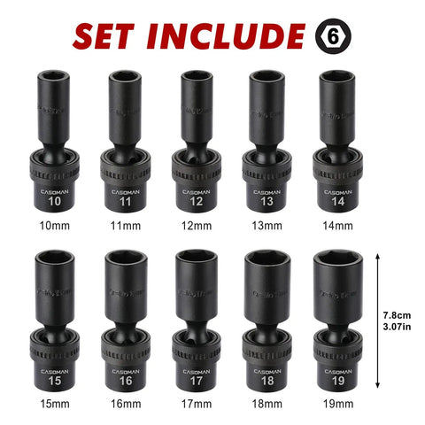 Three Eighths Inch Drive Deep And Standard Universal Impact Socket Set, 6 Point, CR-MO Steel, Metric 10 To 19mm, Black Phosphate Finish, Flex Socket Head For 360 Degree Angles, Durable Heavy Duty Tool Pack, 10 Pieces showing full set view
