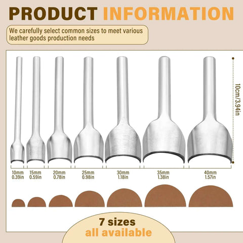 7 Piece Leather Corner Punch Set With Half Depth Round Cutters From 0.39 To 1.57 Inches for leathercraft projects displayed in a chart