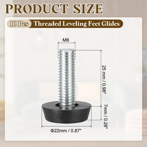 10 Pack Adjustable Furniture Levelers M8 X 25mm Thread Screw In Leveling Feet Glides for tables with dimensions shown.