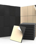 Top Shelf Studio Gear 48 Pack Premium High Density Acoustic Foam Panels 12 By 12 Inch Wedge Design stacked with adhesive backing.