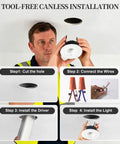 Installation steps for HITOO 3 Inch Motion Sensor Recessed Downlight Light 3000K, White, 2 Pack with a man demonstrating.