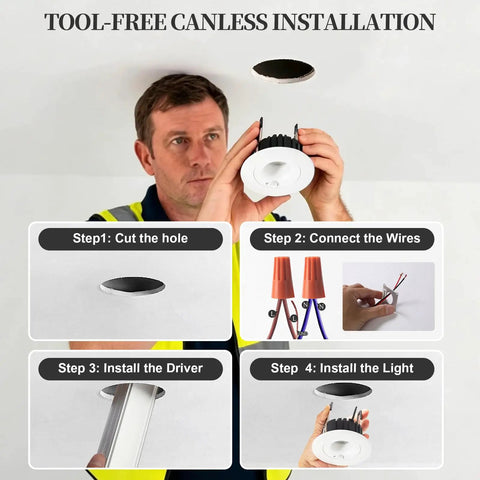 Installation steps for HITOO 3 Inch Motion Sensor Recessed Downlight Light 3000K, White, 2 Pack with a man demonstrating.