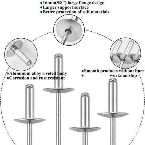 Heavy-Duty Five-Eighth Inch Aluminum Blind Rivets Kit, Large Flange Assortment, 300-Piece Pack For Quick, Secure, Vibration-Resistant Joints With Manual Or Pneumatic Rivet Tools, 5/8 in flange close-up