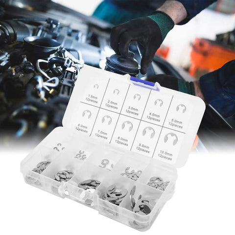 Durable Stainless Steel E Clip Assortment Kit 120 Pcs External Retaining Rings Set With Storage Box and mechanic using clips on engine