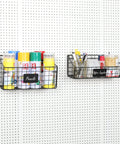 Pegboard Baskets And Bins 4 Pack With 5 S Hooks Wall Mount Storage Bins With Name Plate For Garage Workshop Craft Room Laundry Room Metal Wire Organizer For Tools And Accessories displayed on pegboard with supplies