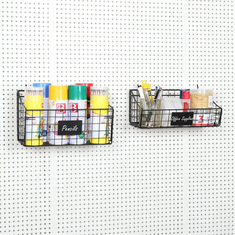 Pegboard Baskets And Bins 4 Pack With 5 S Hooks Wall Mount Storage Bins With Name Plate For Garage Workshop Craft Room Laundry Room Metal Wire Organizer For Tools And Accessories displayed on pegboard with supplies