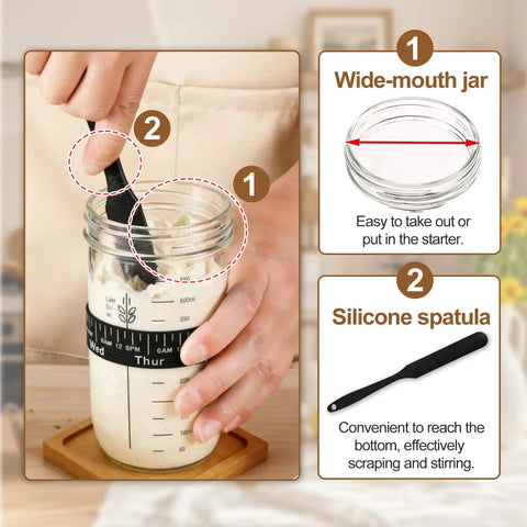 24 Oz Wide Mouth Sourdough Starter Jar Kit With Glass Fermentation Container Date Marker Thermometer Silicone Scraper Lids