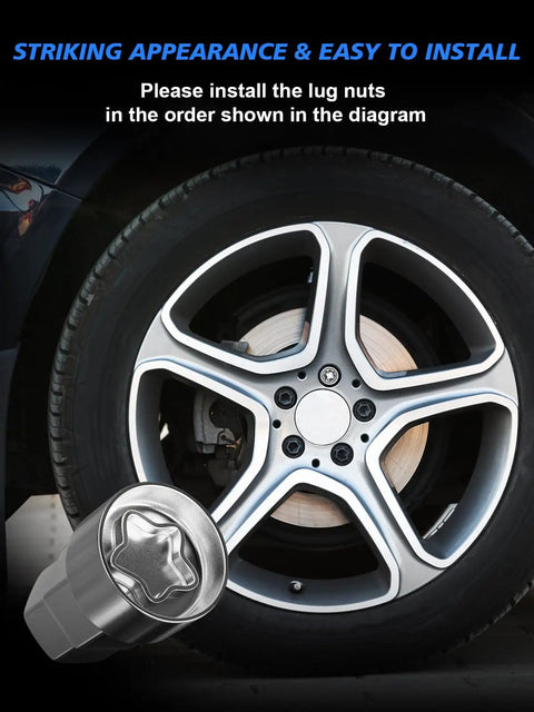 Straight Fire M12x1.5 Acorn Cone Seat Wheel Locks Four Piece Set With Custom Key displayed next to a car wheel.