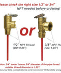 Brass temperature and pressure relief valves for water heaters; side-by-side 1/2 NPT and 3/4 NPT thread options.