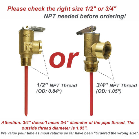 Brass temperature and pressure relief valves for water heaters; side-by-side 1/2 NPT and 3/4 NPT thread options.