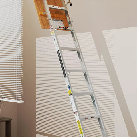 Retractable Attic Ladder For 7 Ft 8 In To 10 Ft 3 In Ceilings, folding aluminum loft stairs open from attic hatch