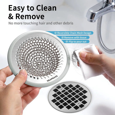 Premium Shower Drain Hair Catcher And Clog Prevention Protector Fits All US Standard Flat Drains, stainless mesh, 4.7 inch design.