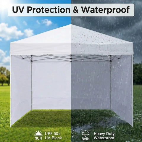 Heavy Duty 300D Oxford Waterproof Canopy Sidewalls 10x10 Pop Up, 3 Pieces With Zipper Panels, shown in sun and rain