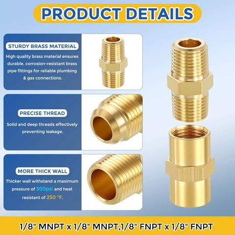 12 Pack Brass Pipe Fittings Set With 6 Pieces 1/8 NPT Male To 1/8 NPT Male Hex Nipples And 6 Pieces 1/8 FNPT To 1/8 FNPT Brass Couplings