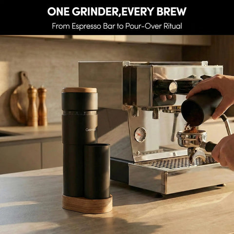 Wirsh Geimori T38 Plus Portable Electric Burr Coffee Grinder With Stepless Conical Burrs For Espresso Drip French Press Home And Travel Space Saving Palm Sized All Metal Body Cafe Quality Grind on countertop next to espresso machine.