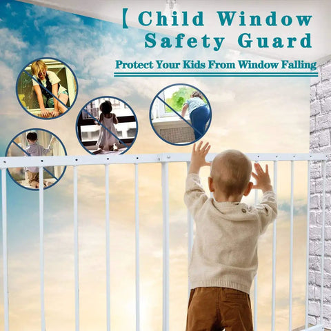 Child testing Adjustable Wide Window Guard For Kids, easy install home safety barrier to prevent falls, two-panel design visible