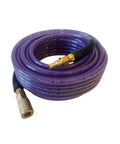 100 Ft 1/4 Inch Purple Air Compressor Hose Crafted From Flex Reinforced Polyurethane coiled with connectors for garage use.