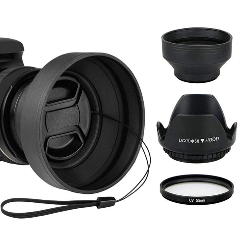 58mm Tulip Lens Hood With UV Filter For Canon DSLRs Like Rebel T8i T7 T7i T6i 80D 77D And More, close-up view of hood and filter