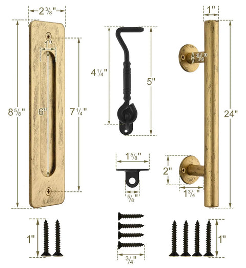 Dope Gold 24 Inch Barn Door Handle Set Retro Rustic Sliding Hardware Kit With Round Pull Flat Finger Pull Hook Lock And Eye Latch
