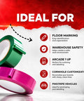 Green and pink vinyl marking tape rolls for floor marking, warehouse safety, and vehicle pinstriping, ideal for organization.