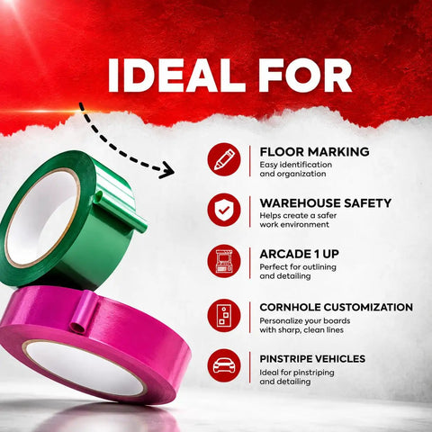 Green and pink vinyl marking tape rolls for floor marking, warehouse safety, and vehicle pinstriping, ideal for organization.