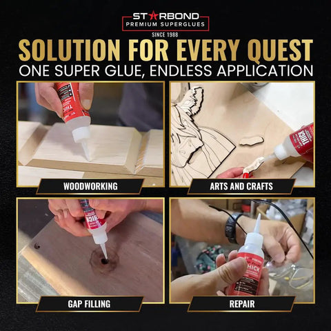 Thick Super Glue Pro Grade Kit 2 Oz With Gap Filling CA Glue Cyanoacrylate Adhesive used for woodworking, crafts, and repairs.