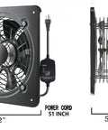 Front and side view of 12 Inch Window And Wall Mounted Exhaust Fan With 720 CFM High Speed Airflow, 1460 RPM Adjustable Speed, Industrial Grade Ventilation For Basement, Garage, Home, Office And Commercial Use.
