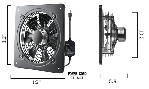 Front and side view of 12 Inch Window And Wall Mounted Exhaust Fan With 720 CFM High Speed Airflow, 1460 RPM Adjustable Speed, Industrial Grade Ventilation For Basement, Garage, Home, Office And Commercial Use.