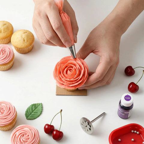 Decorating cupcake with 4 Piece Flower Piping Tips Set For Cake Decorating Pro Grade Stainless Steel Petal Icing Tips 101-104