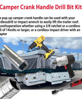 Camper Crank Handle Kit for RV universal fit with 3/8 inch socket, chrome-plated, next to drills and RV trailer in background.