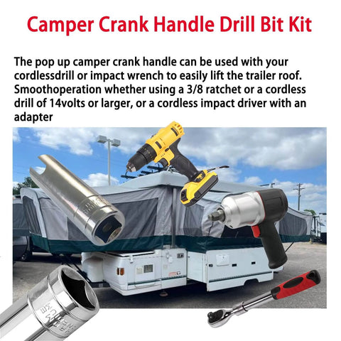 Camper Crank Handle Kit for RV universal fit with 3/8 inch socket, chrome-plated, next to drills and RV trailer in background.