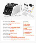 VEVOR High Speed Money Counter Machine For Dollars And Euros 1200 Bills Per Min Mixed Denomination showing dimensions and accessories.