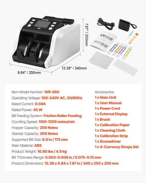 VEVOR High Speed Money Counter Machine For Dollars And Euros 1200 Bills Per Min Mixed Denomination showing dimensions and accessories.