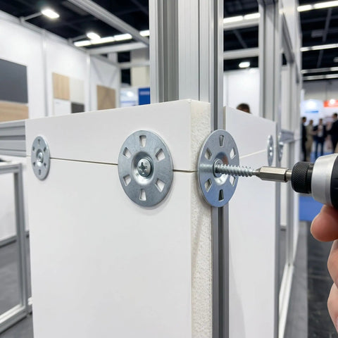 Heavy Duty Metal Washers For Foam Board Insulation Kit With Screws 1.4 Inch Diameter Silver That Help Prevent Cracking And Wall Stress In Partition Installations With Load Spreading Foam Panel Washers For A Tight Secure Fix Built To Last, installed on foam board panel