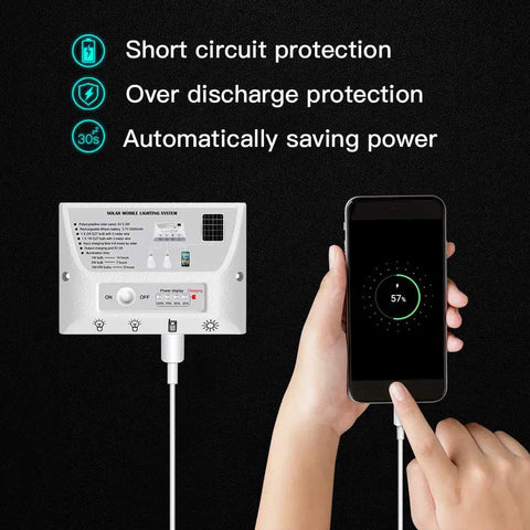 Off Grid Solar Light With Dual LED Bulbs And Solar Panel Pendant For Home Outdoor Shop And Camp Use Phone Charging Backup And Independent Power System showing charging feature with mobile device