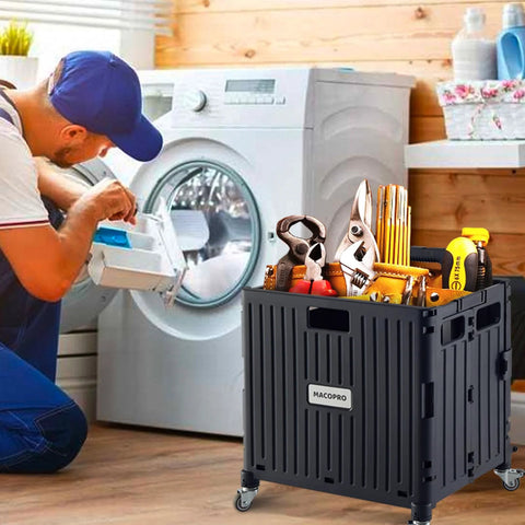 Folding Utility Cart With Lid And Basket On Four 360 Degree Rotating Wheels shown in home laundry room with tools, black