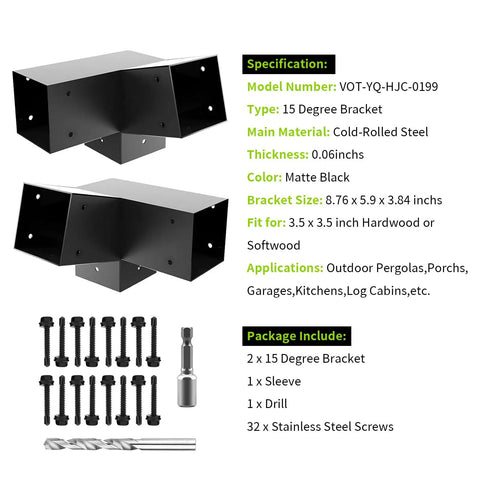 Three Way 15 Degree Pergola Bracket Kit For 3.5 By 3.5 Inch Wood Posts To Beams Slant Roof Support For Pavilions And Log Cabins Built Tough With Welded Steel And Galvanized Finish Two Pack